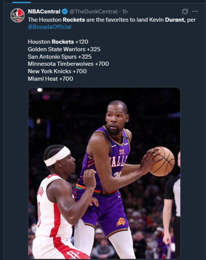 難道說？美媒曬杜蘭特下家賠率，火箭大幅度領(lǐng)跑！